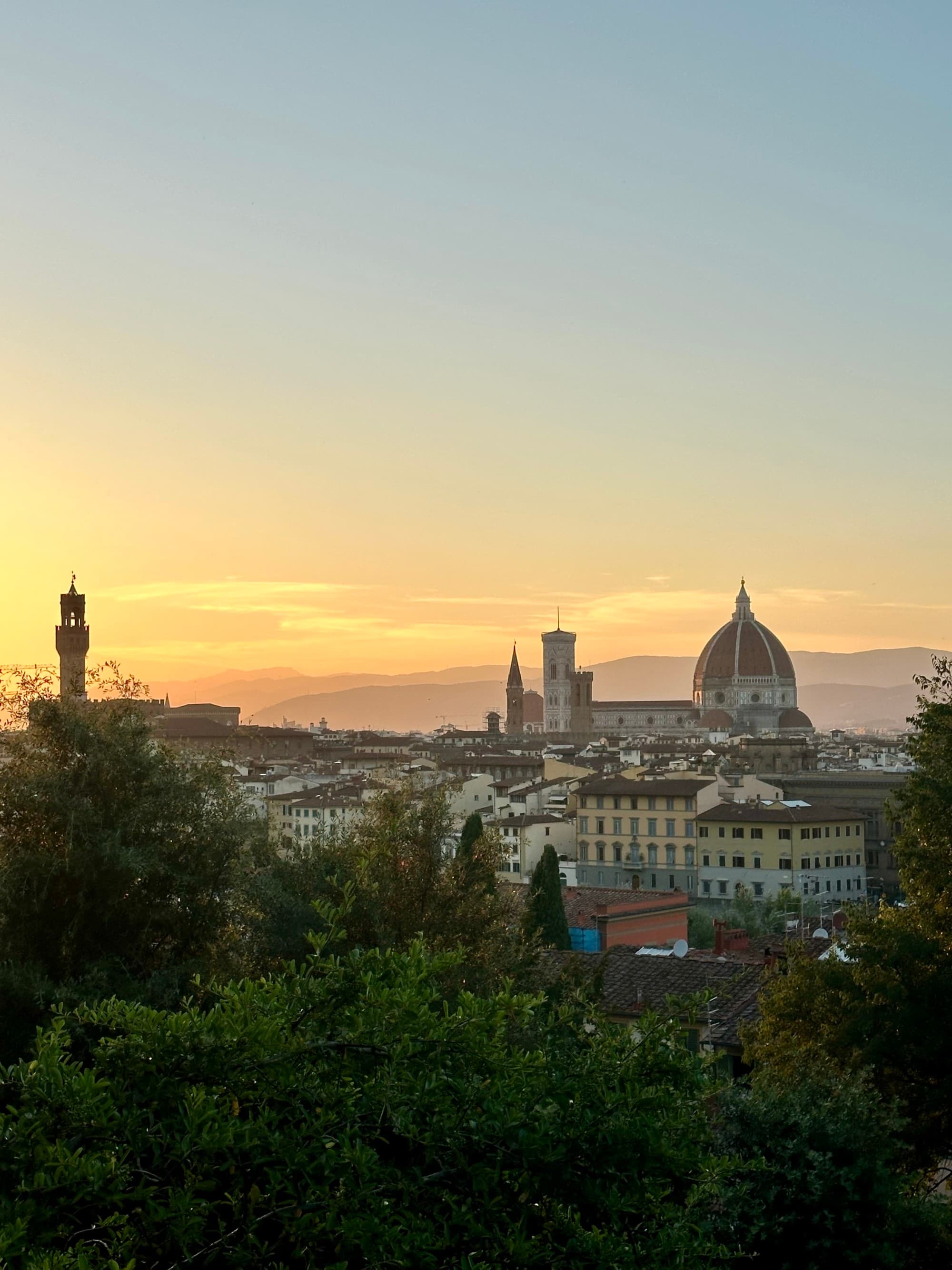 Skyline of city at sunset.