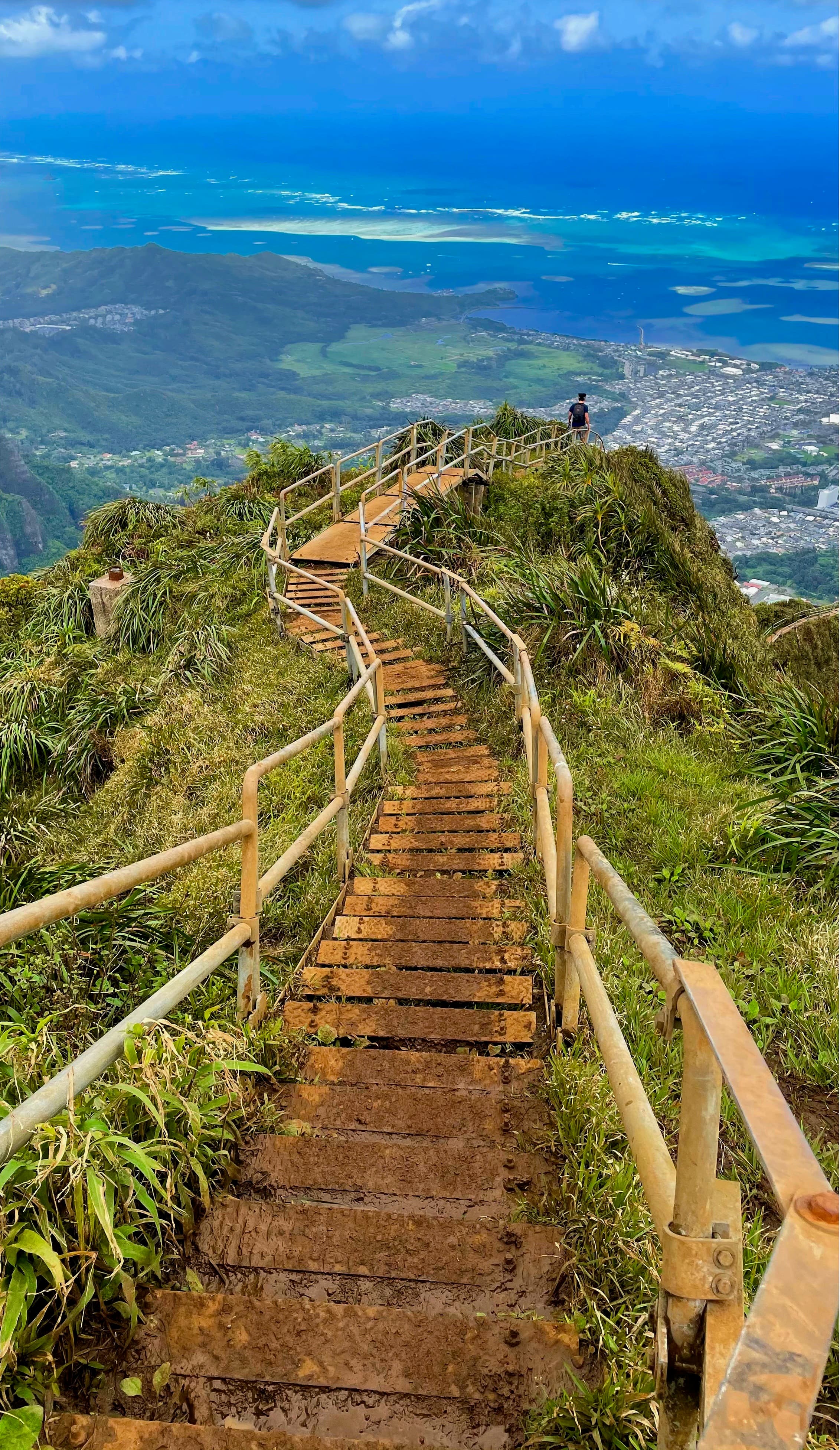 Wooden bridge on mountain overlooking ocean and city