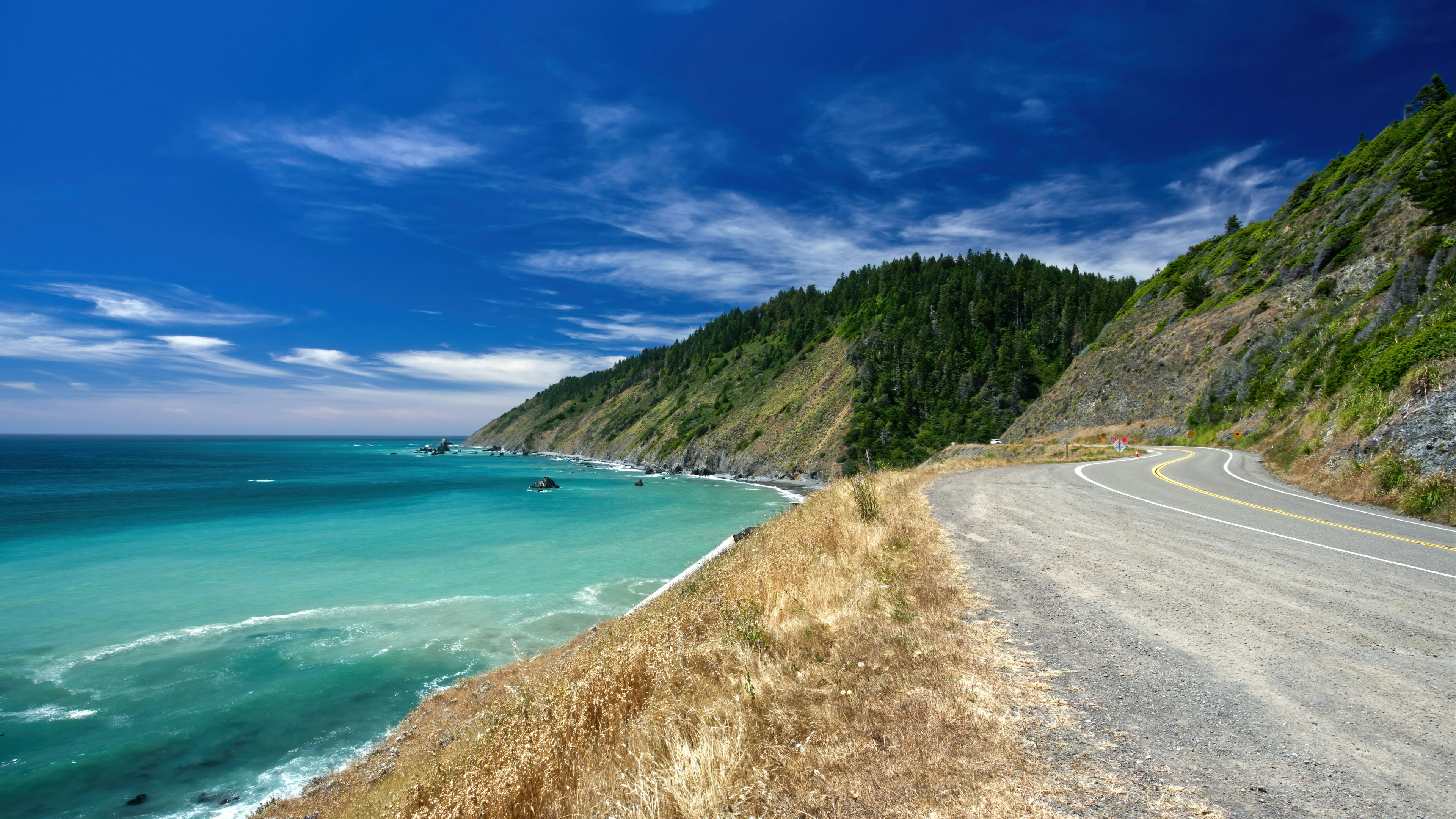 A road leading around a bend on the Mendocino coast with the ocean to the left and green hills on the right.