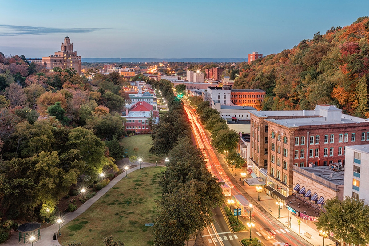 A view of downtown Hot Springs, Arkansas at dusk. 