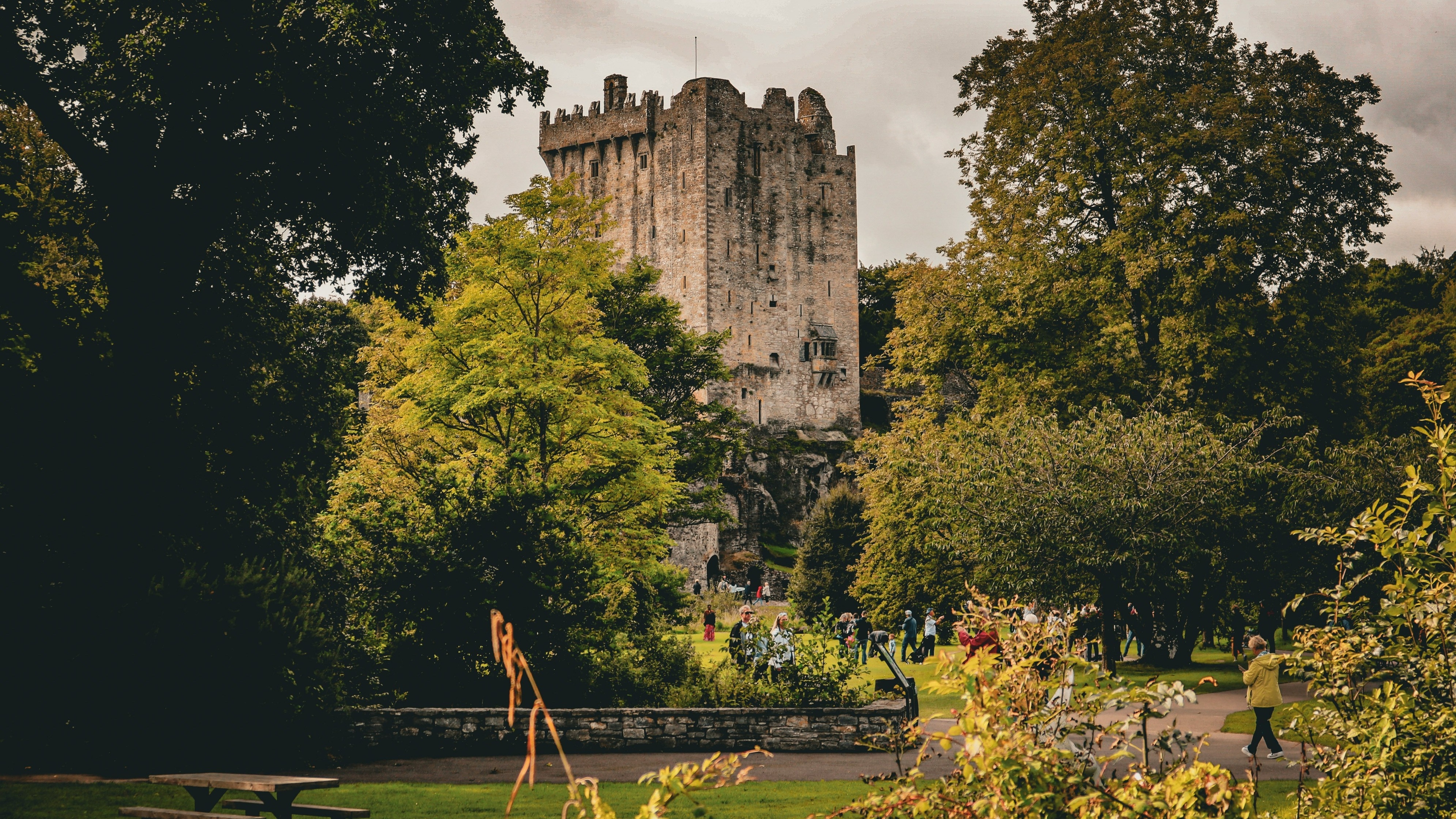 Blarney Castle surrounded by trees on a cloudy day in Cork, Ireland.