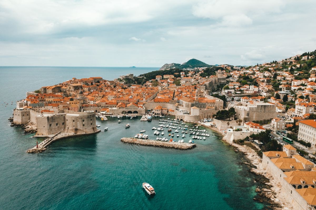 Aerial view of buildings near ocean