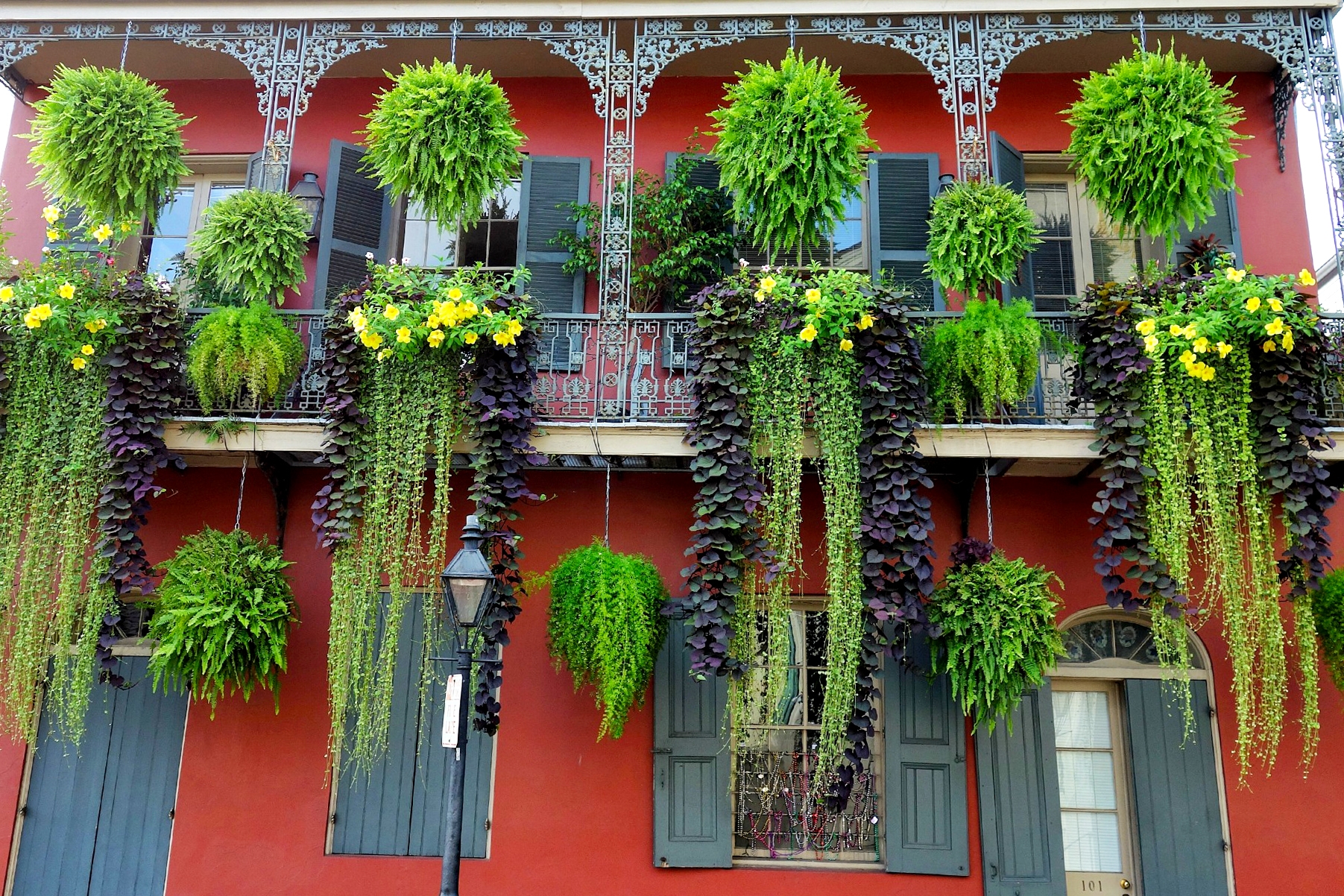 Old red building with balconies decorated with hanging plants in the French Quarter in New Orleans.