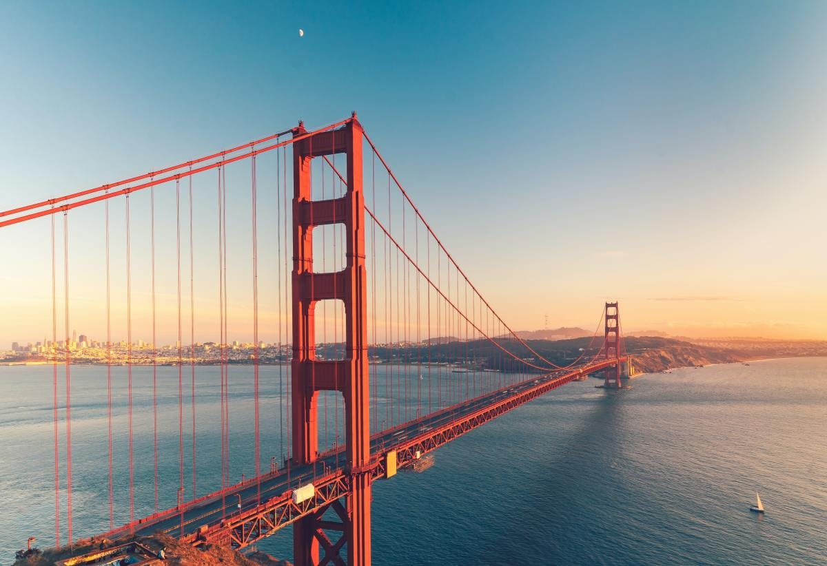 Golden Gate bridge over ocean during sunset in California.