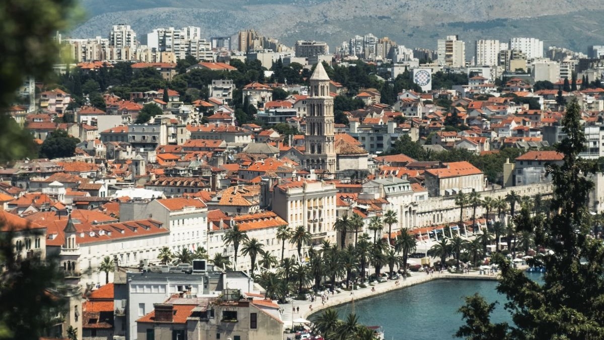 Trees and buildings near a body of water.