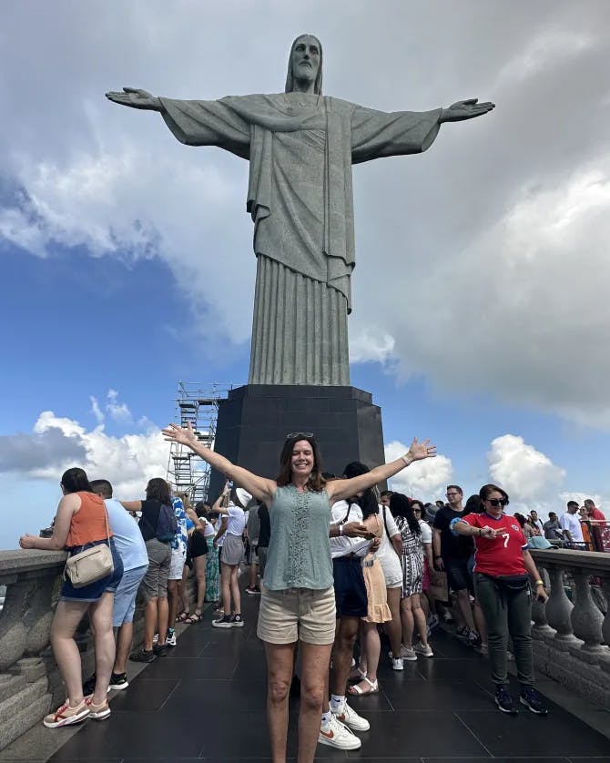 In front of a landmark.