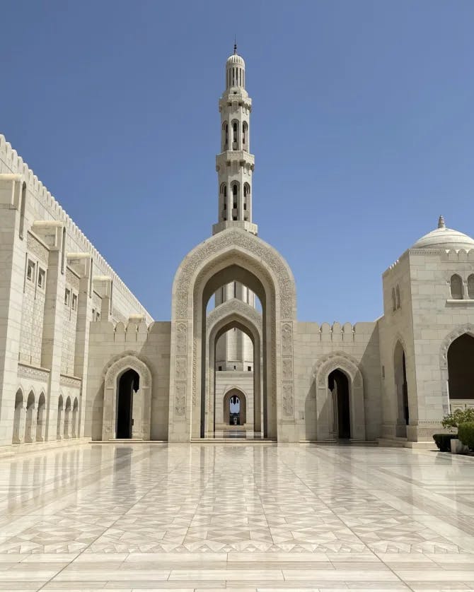 Courtyard of a mosque built in white marble.