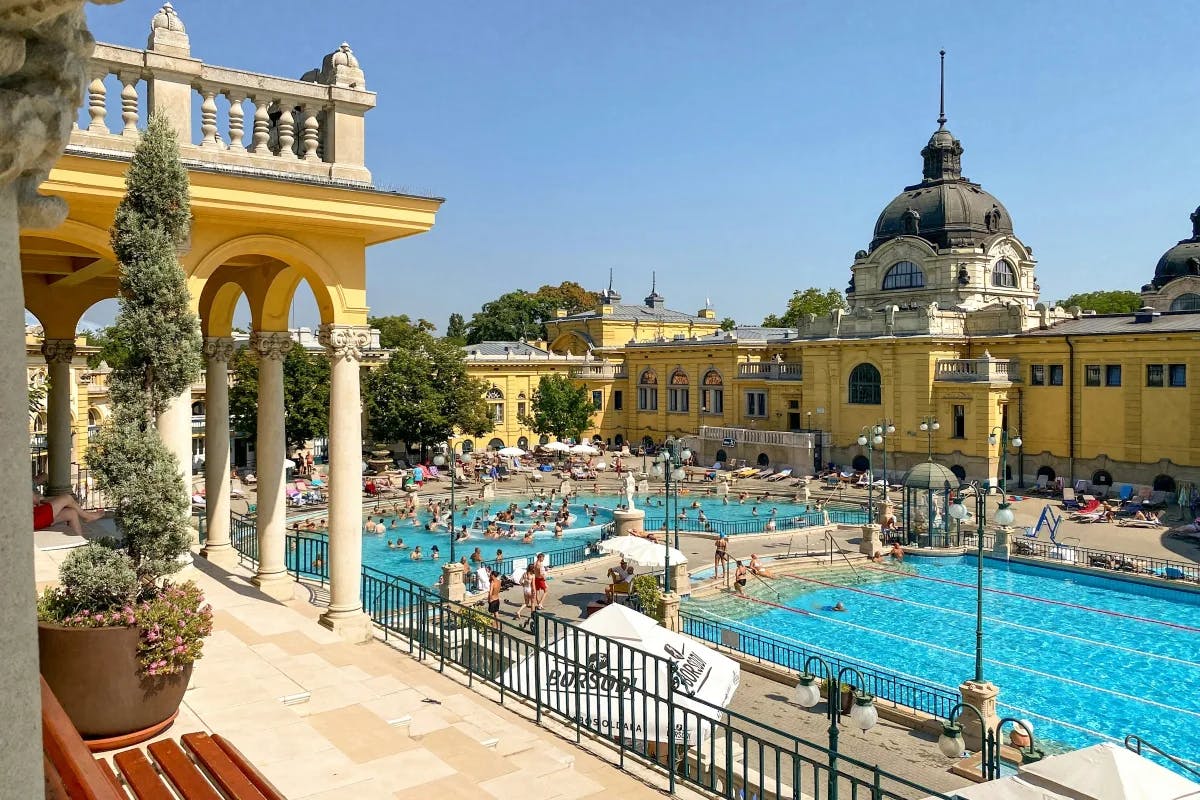 People swimming in the Szechenyi Baths in Budapest surrounded by decadent yellow architecture, potted plants, metal railings, trees and a terrace. 