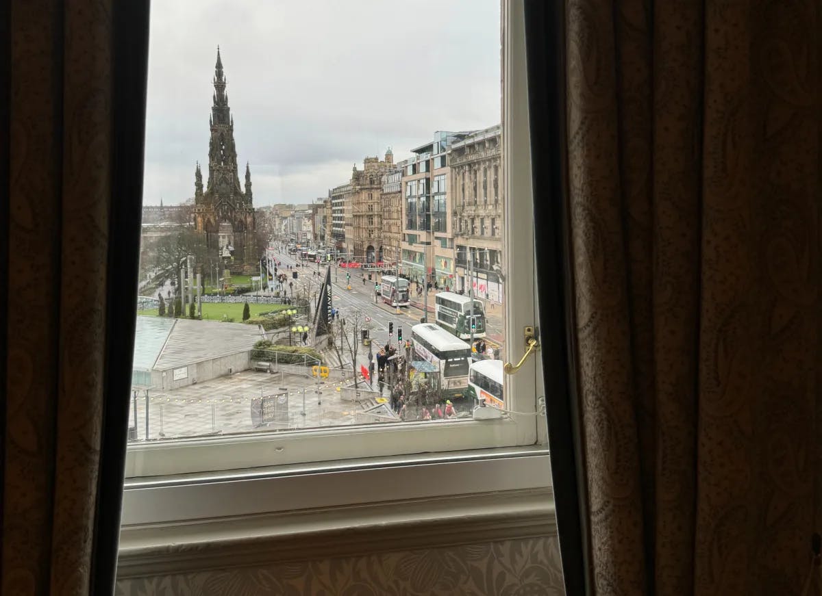 hotel window view downtown Edinburgh