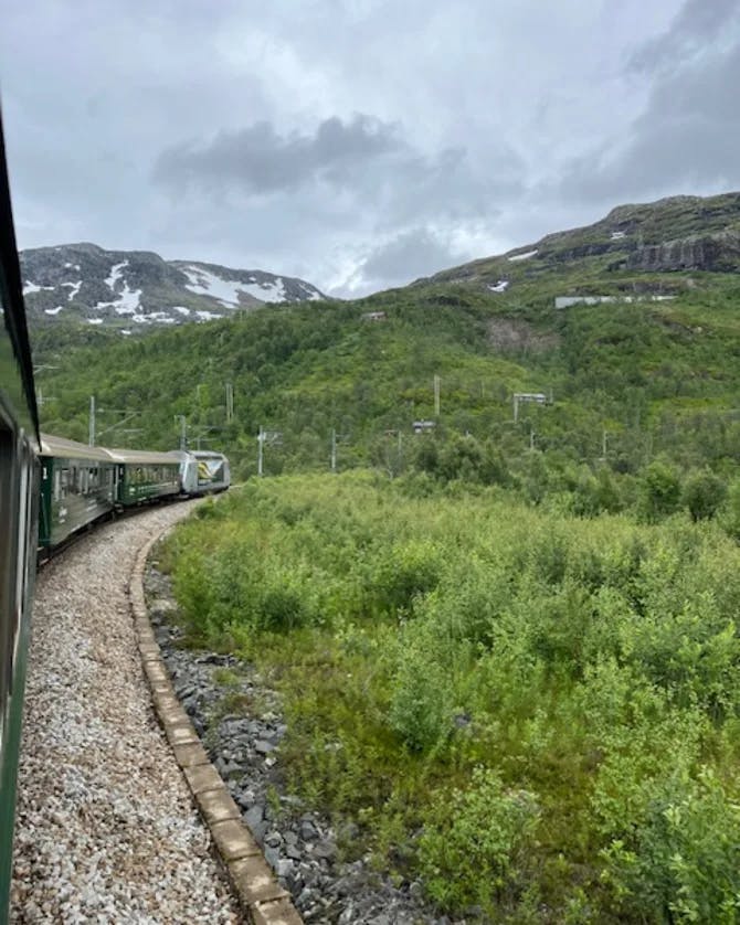 A train ride through the mountains with green grass and snowy gray mountains.