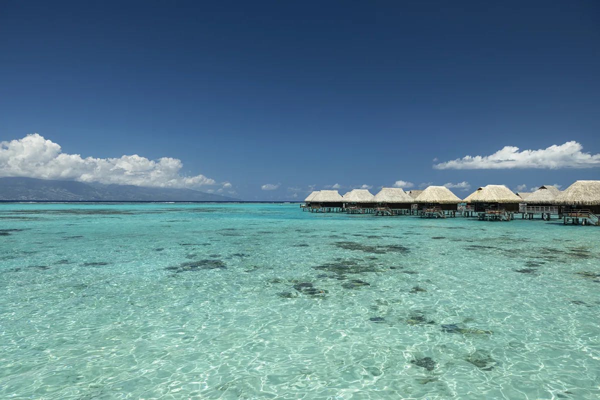 thatched-roof bungalows over a turquoise lagoon