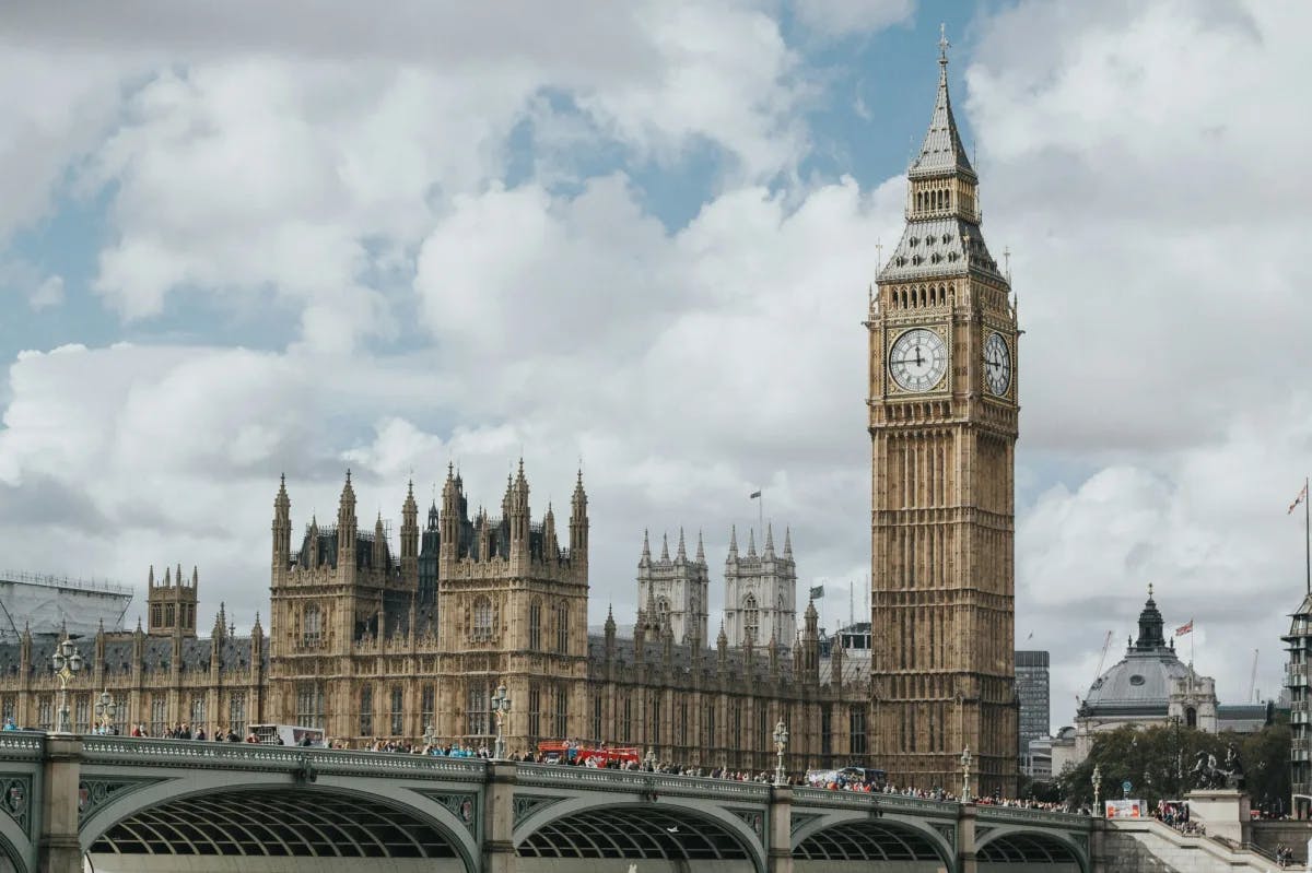 The Big Ben and Houses of Parliament in London with a cloudy sky.