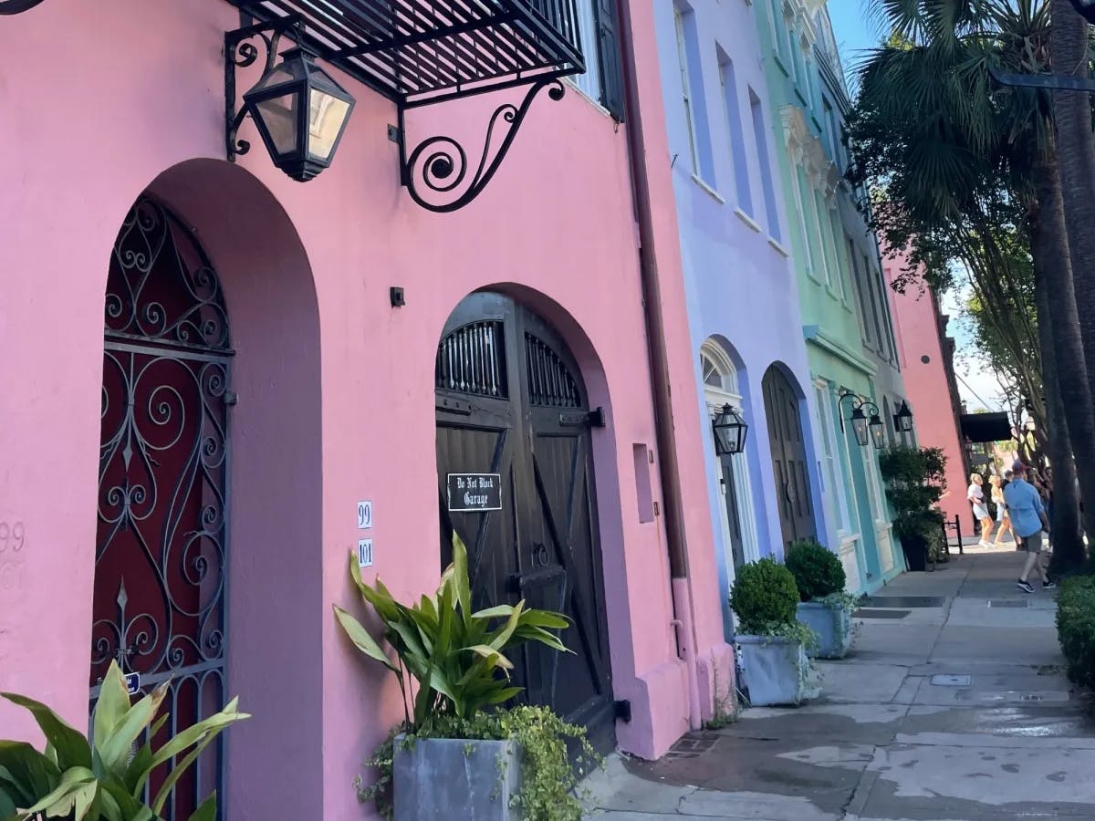 A pink and black building.