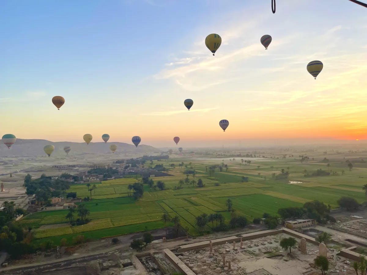 colorful air balloons float through the sunrise over grass and desert land