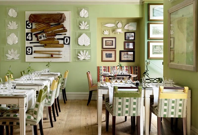 a sunny dining room with green-white-and-yellow upholstered chairs amidst lime-green walls