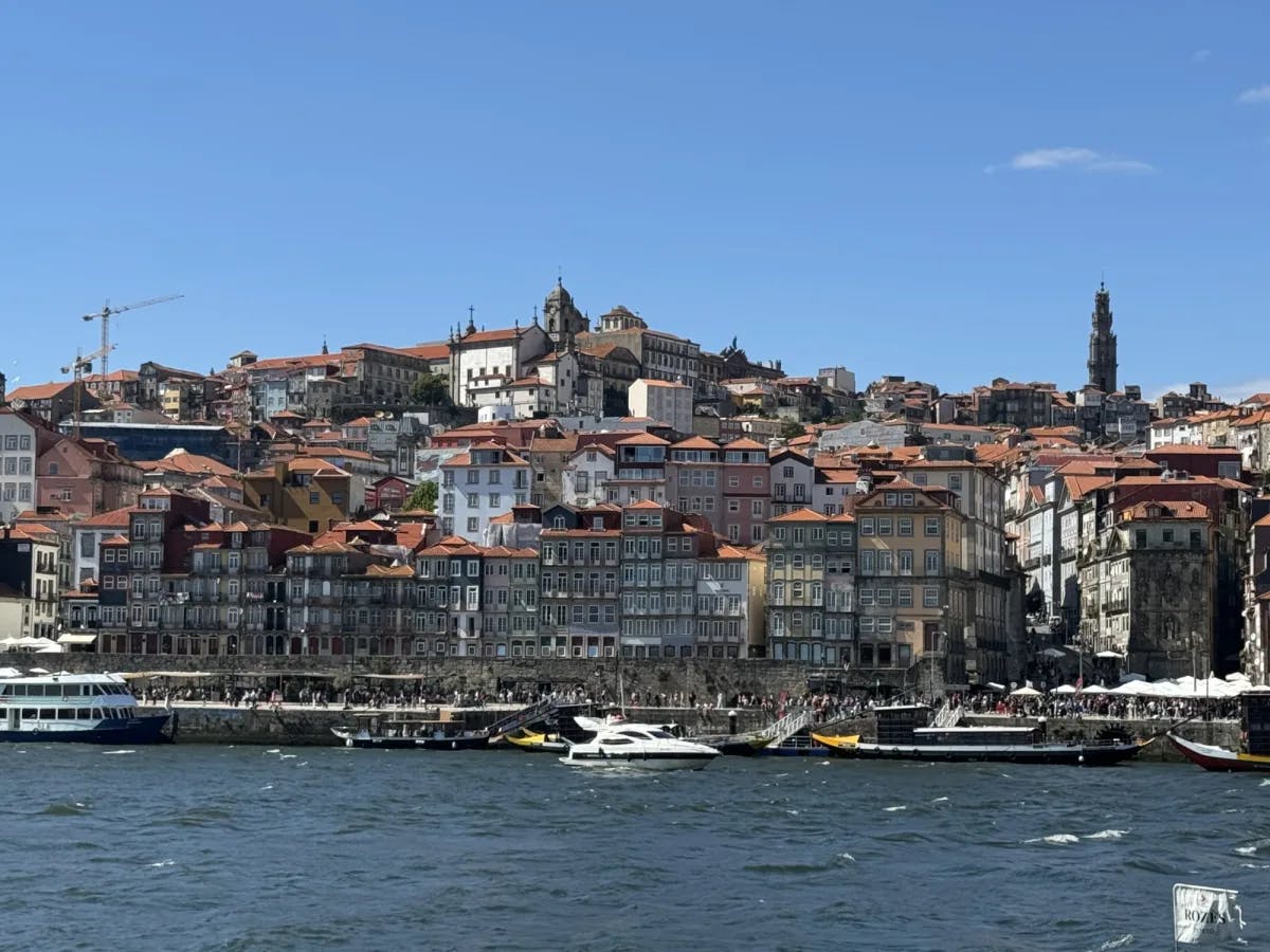 River in front of buildings.