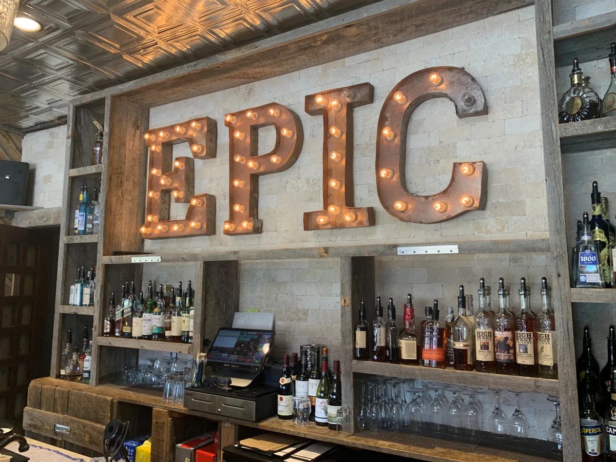 EPIC bar sign above liquor bar  