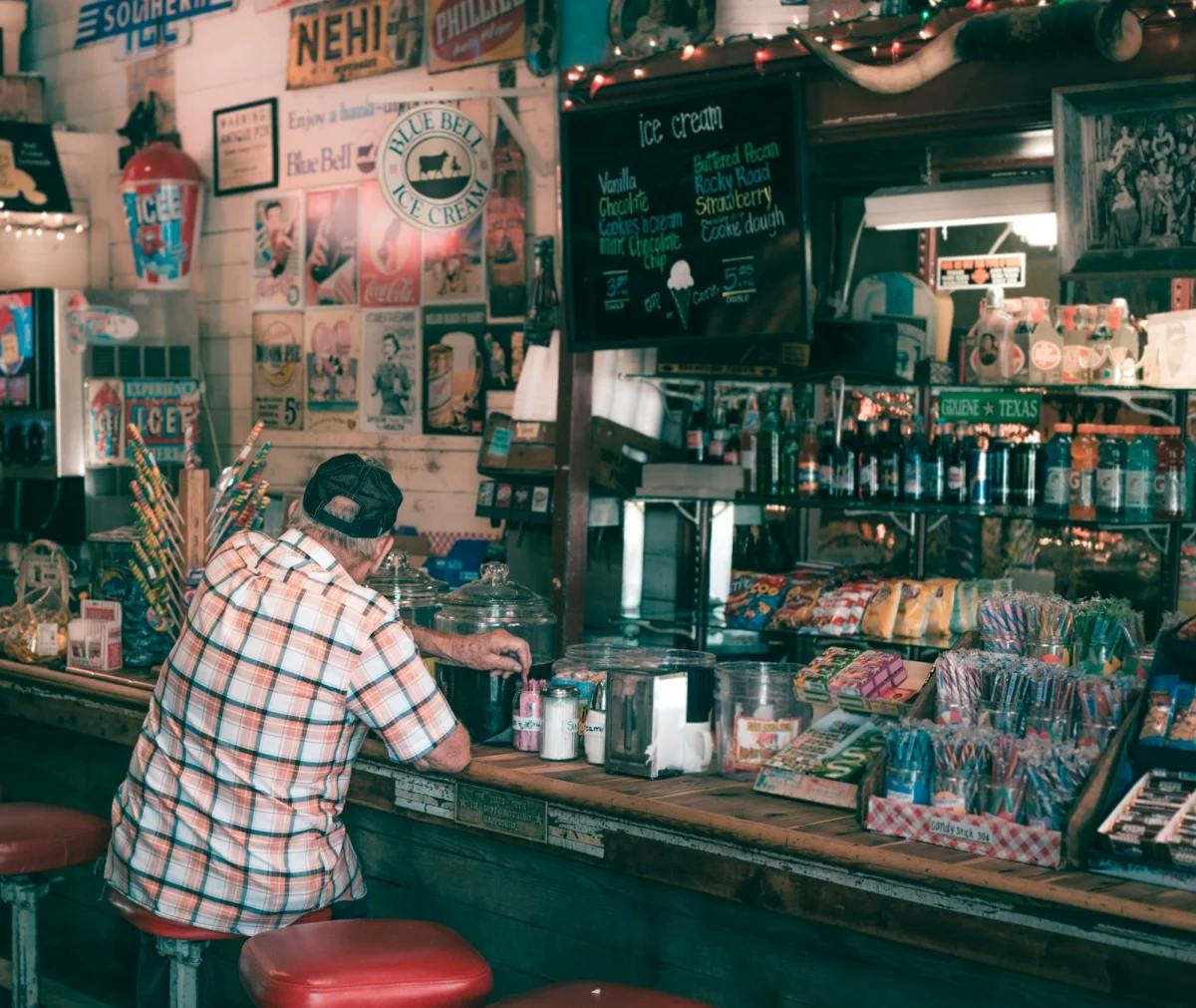 A man sitting on a bar stool in a pub.  