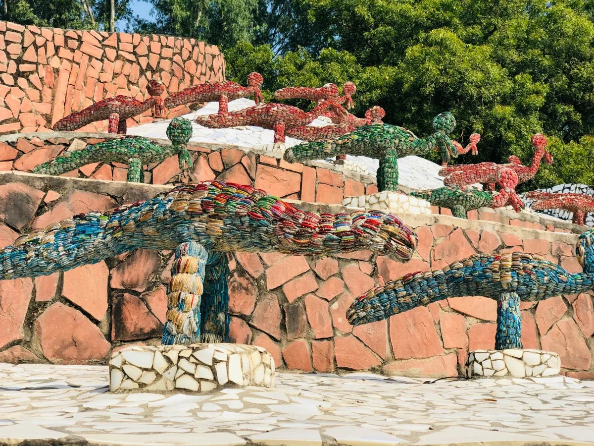 Colorful sculptures in the rock garden of Chandigarh. 