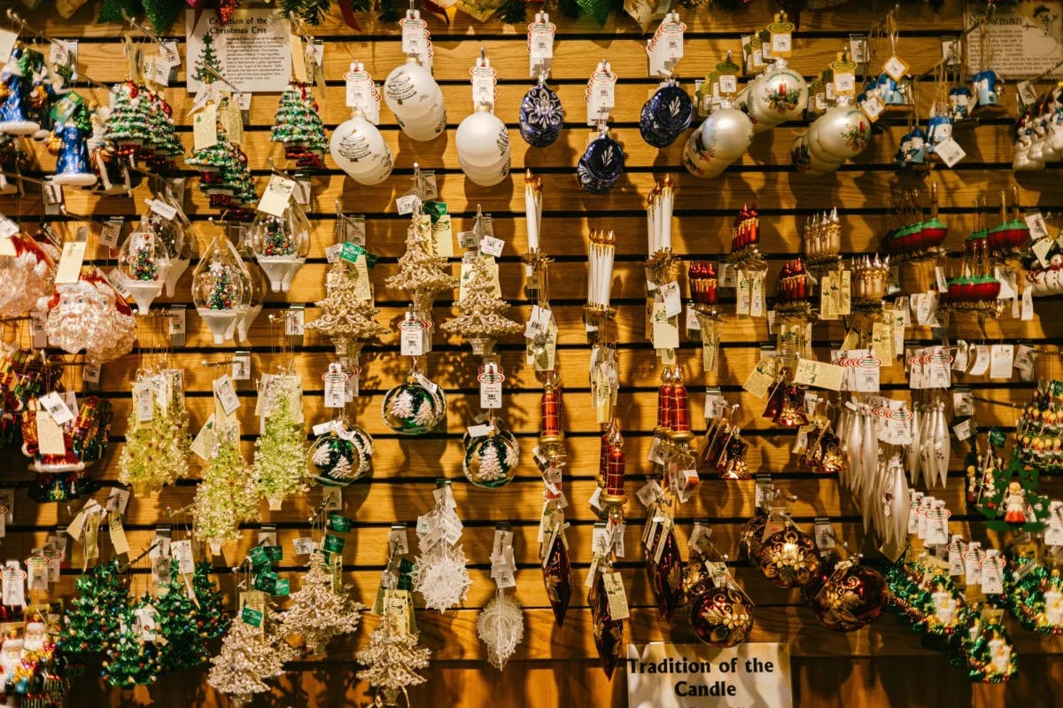 A display of Christmas ornaments. 