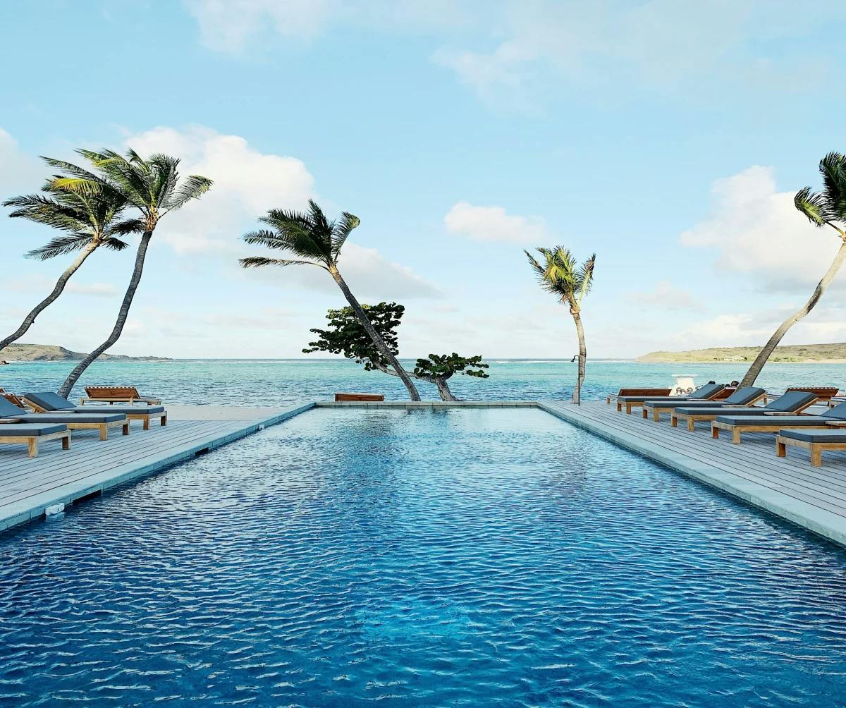A pool area with palm trees swaying in the wind and ocean view.
