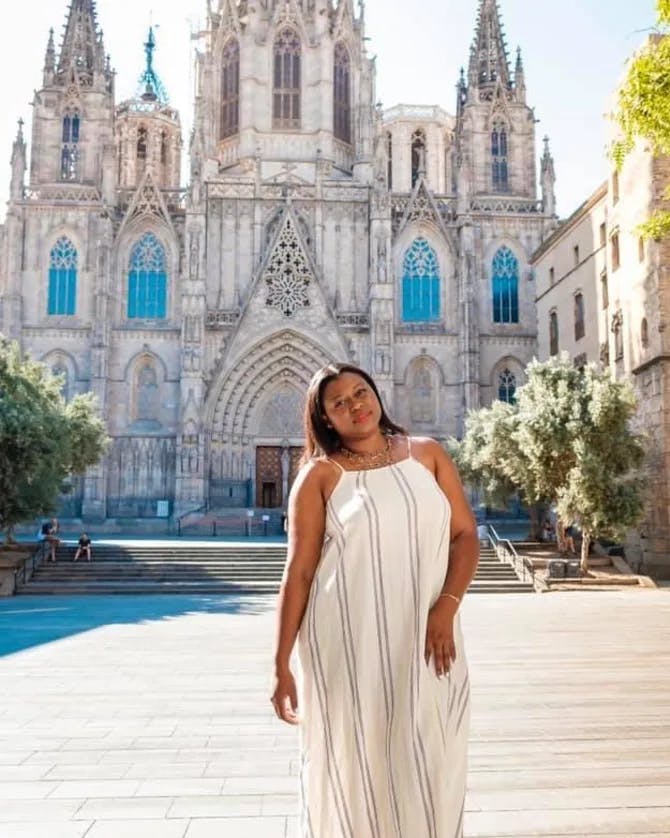 Posing for a picture at the Cathedral of Barcelona