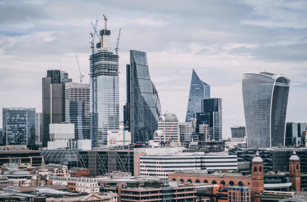 A view of London's skyline consisting of very modern architecture.