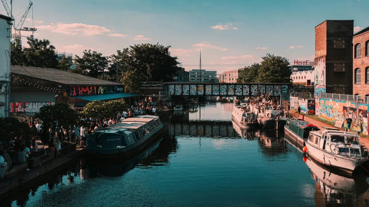 A city canal with boats.