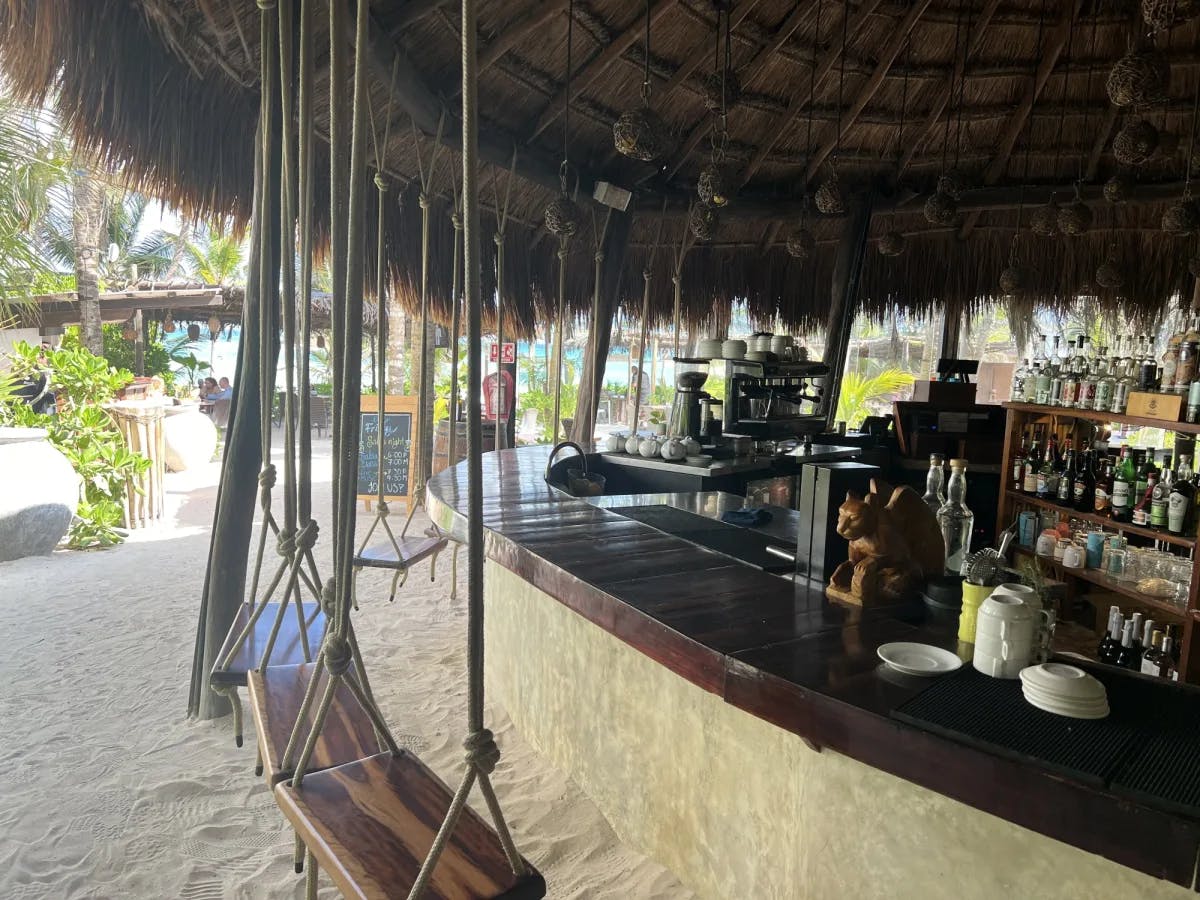 Bar on the beach with wooden swings