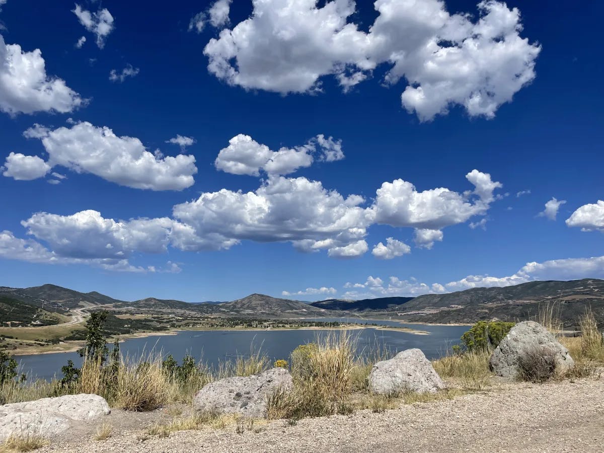 Park City with beautiful sky clouds  and a lake view.
