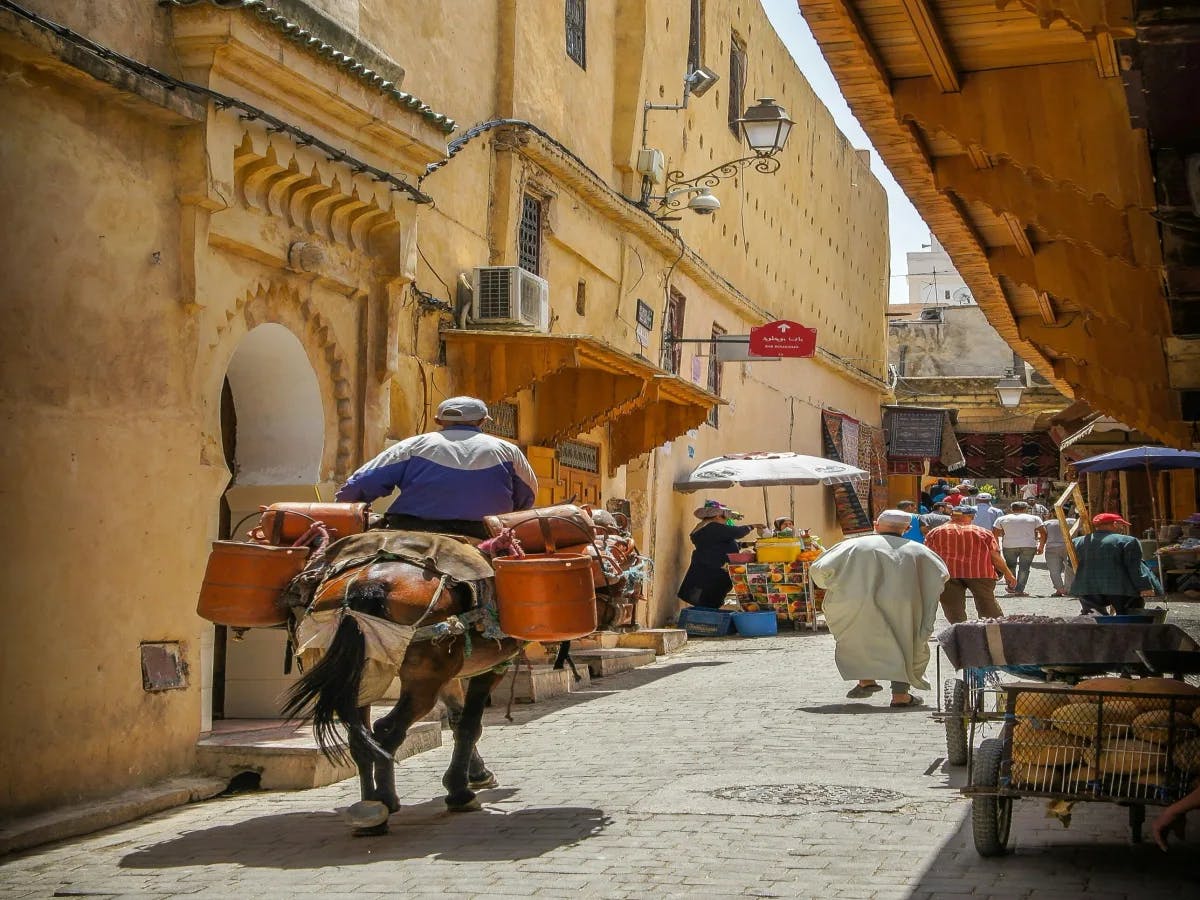 The image captures a bustling traditional market scene with a horse-drawn cart and people in a narrow alleyway.