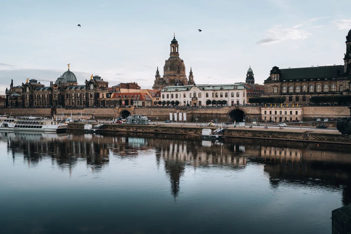 Row of buildings near a river