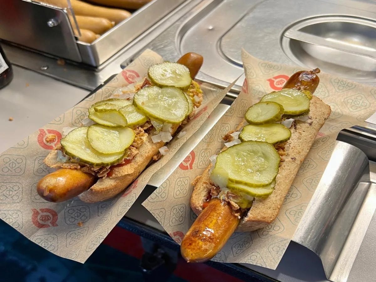 Two loaded hot dogs