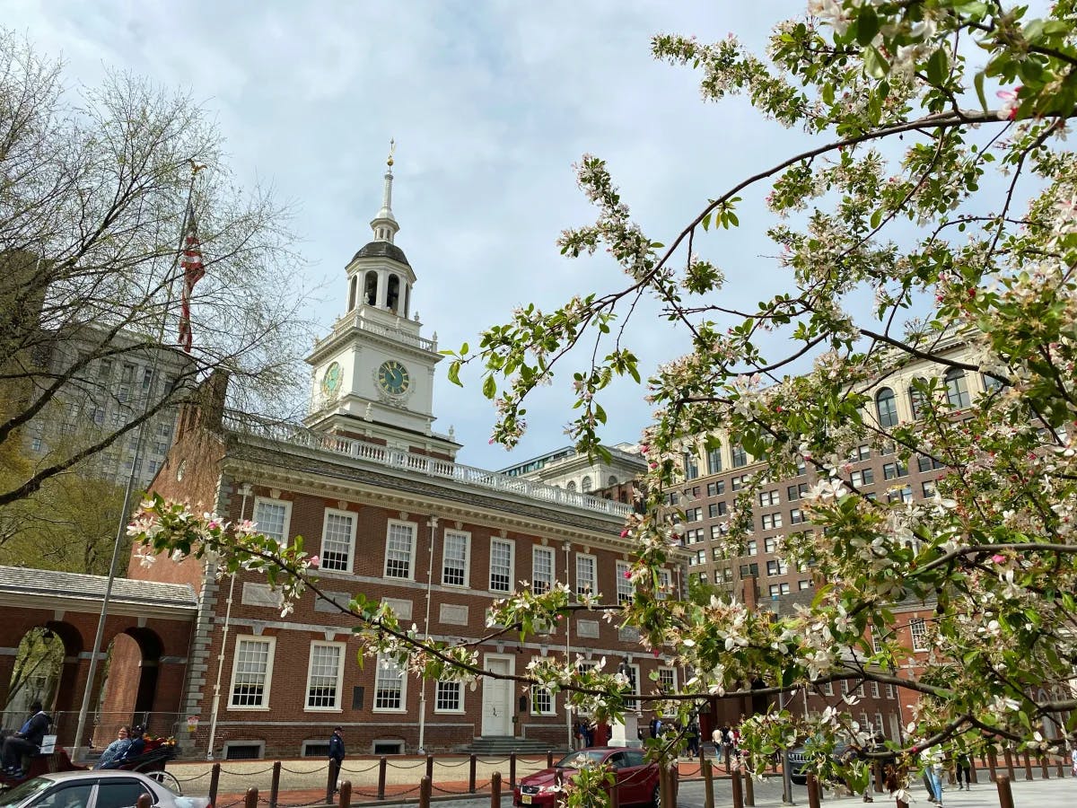 A large building with a clock tower in Philadelphia and beautiful Spring foliage in the surroundings. 