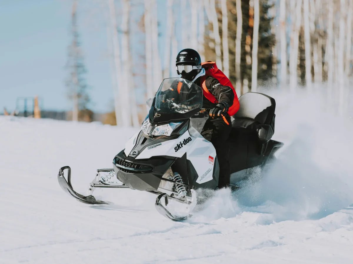 A person is snowmobiling speeding on snow near tree lines.