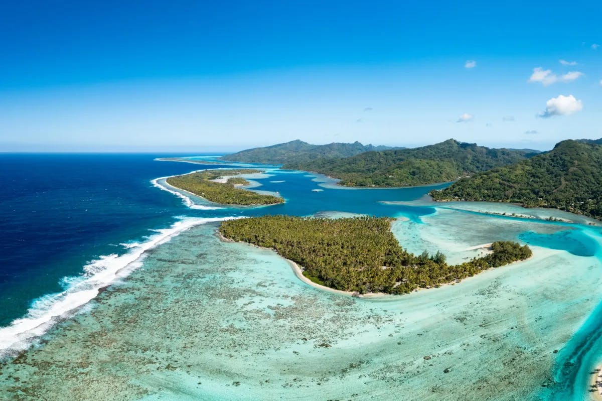 aerial view of a lush islet among turquoise waters