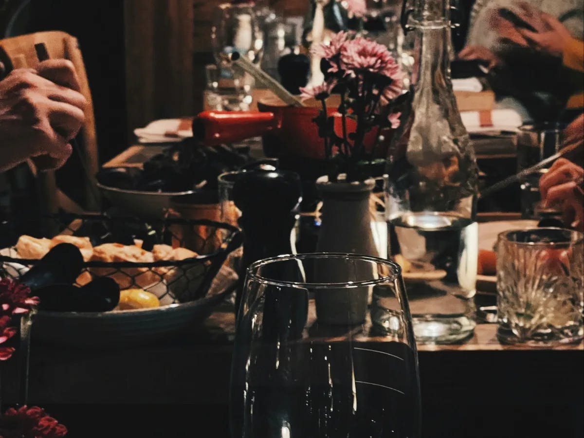 A table with food in a restaurant.