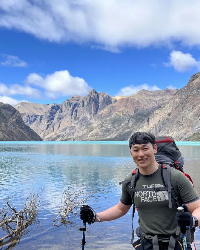 Hiking on a track by the lake