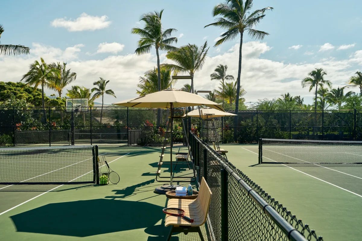 a luxe green tennis court on a sunny day