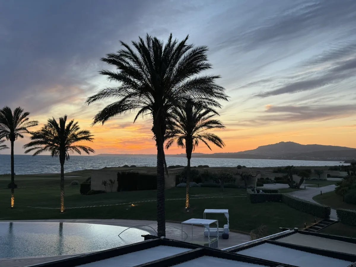 Resort pool area with palm trees during the sunset with a body of water in the distance