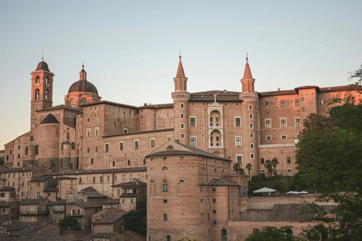 Medieval buildings at sunset.