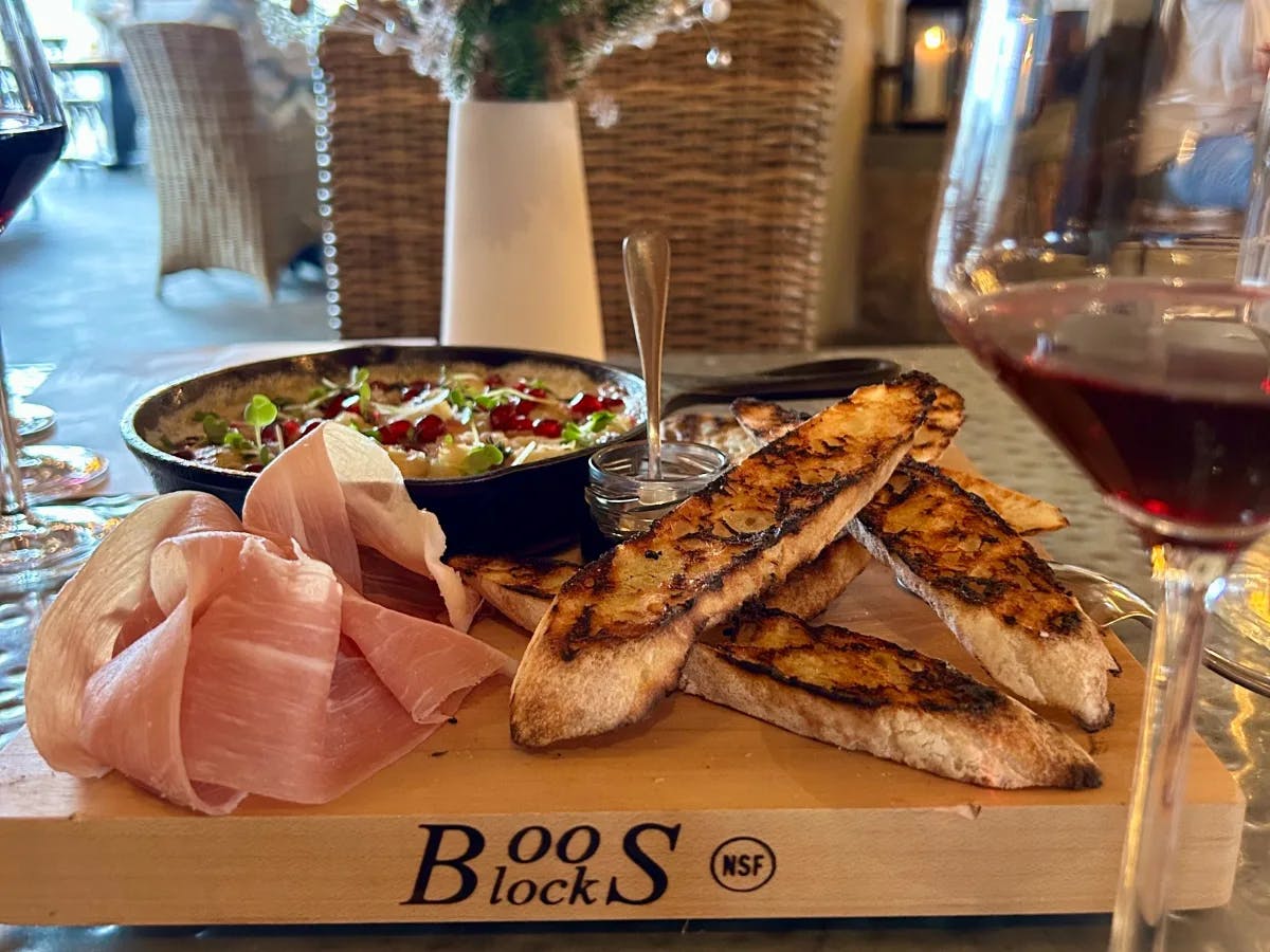 Food laid out on a wooden block