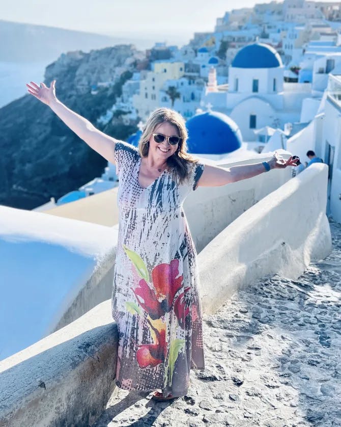 Travel advisor posing in Greece