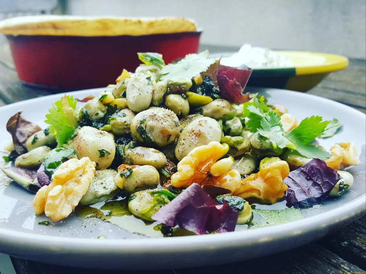 The image features a colorful mixed bean salad, garnished with fresh herbs, offering a vibrant and healthy meal option.