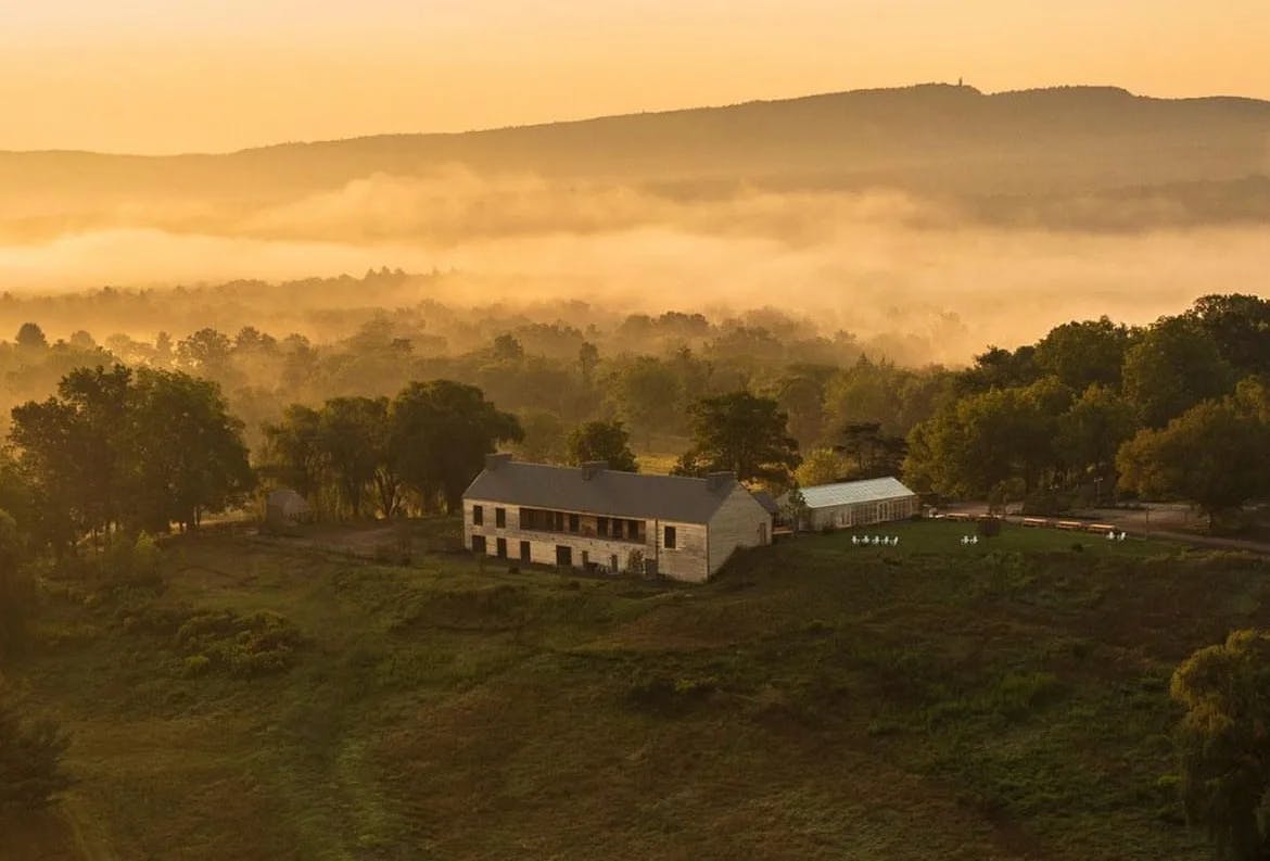 Farm house from a distance at dusk 