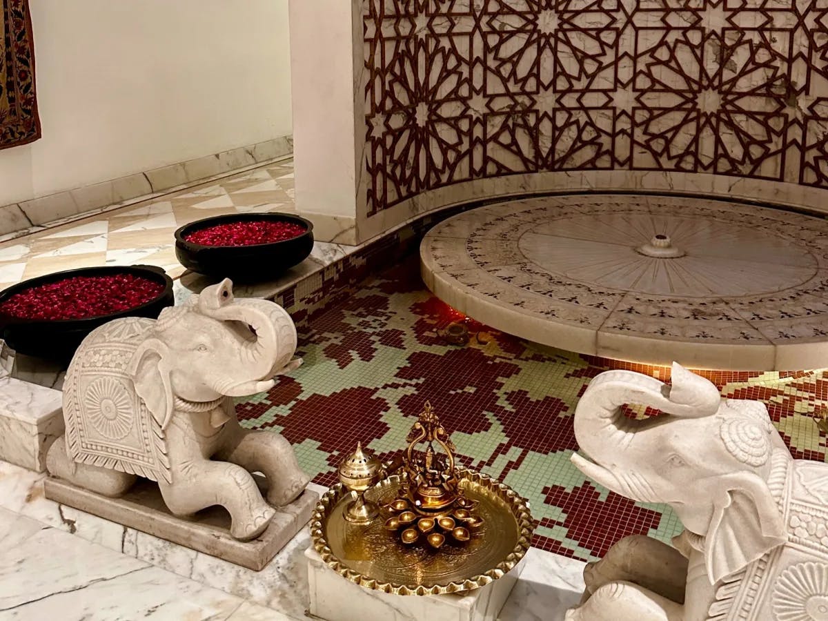 Imperial indoor spa with little elephant statues.