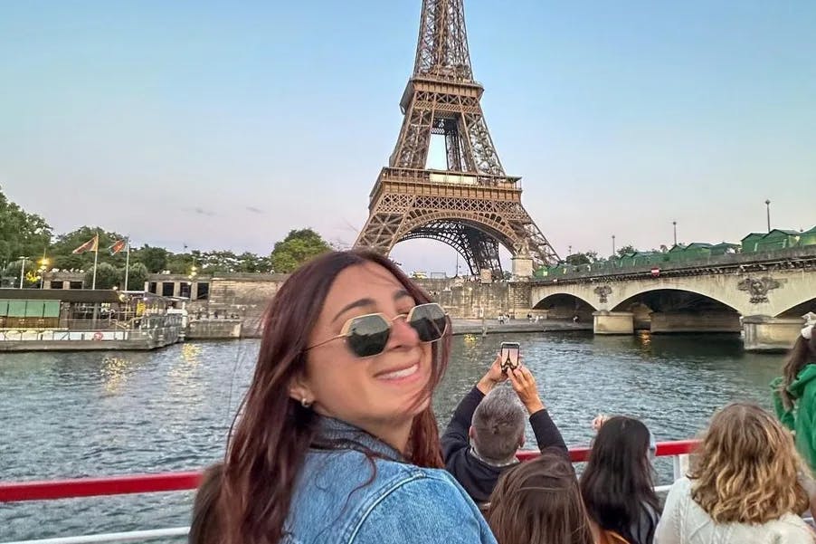 Boat cruise at Seine River with view of the Eiffel Tower.