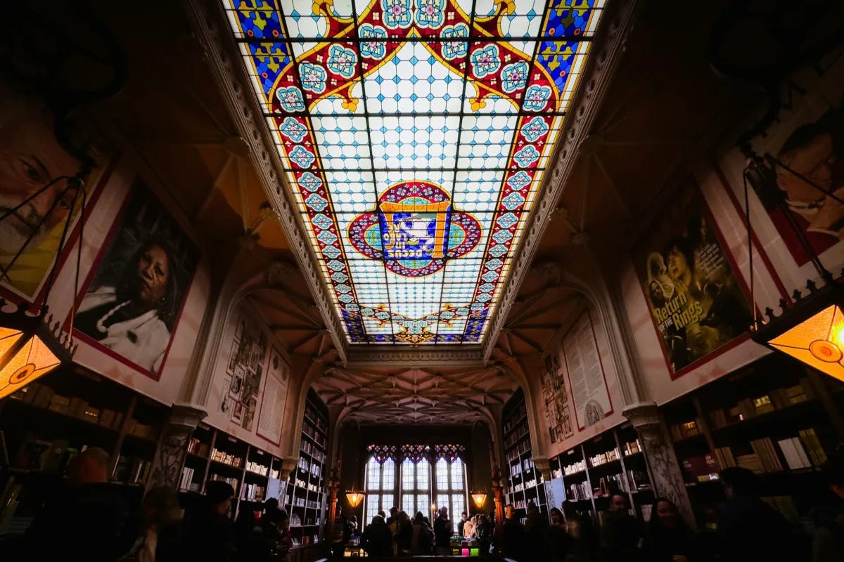 Stained glass ceiling of Livraria Lello.