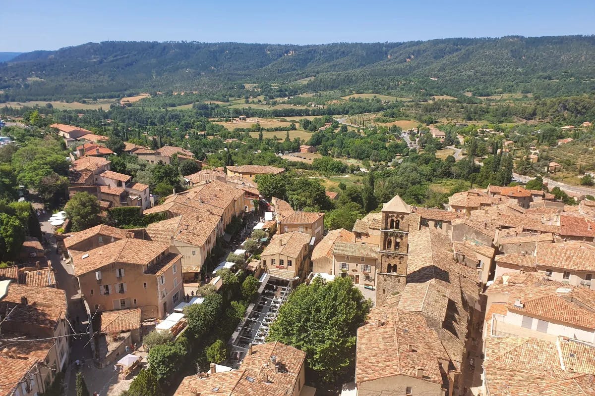 Aerial view of Moustiers Sainte Marie, a picturesque Provençal village.