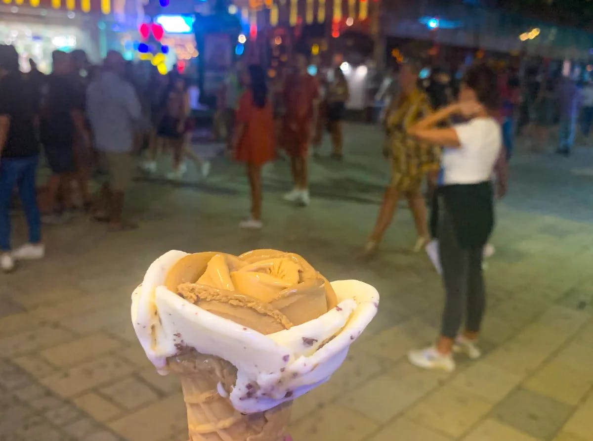 Flower shaped ice cream on a waffle cone 